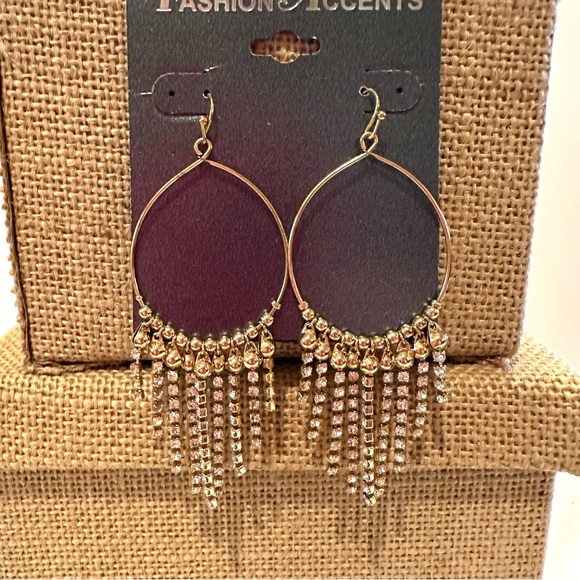 NWT Fashion Accents Earrings gold tone w/ clear rhinestone chain dangles - Picture 3 of 10